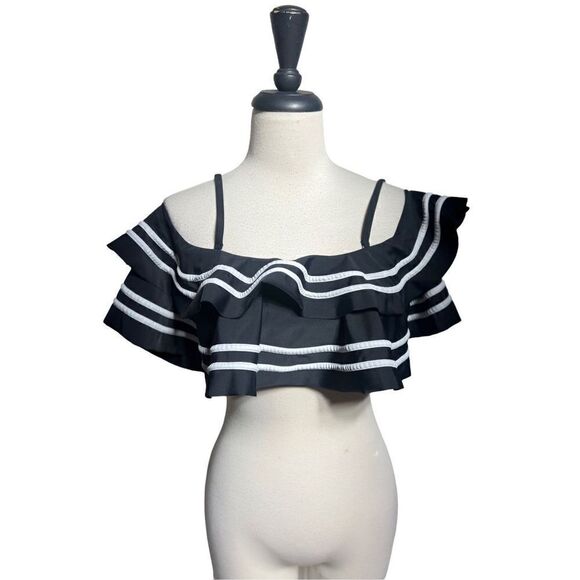 Cold Shoulder Black and White Ruffled Swimsuit Bikini Top Size Medium - Picture 1 of 2